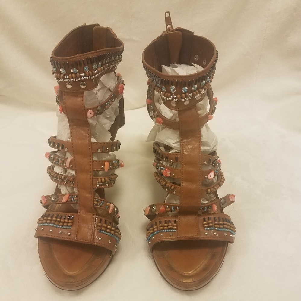Tan jeweled heels